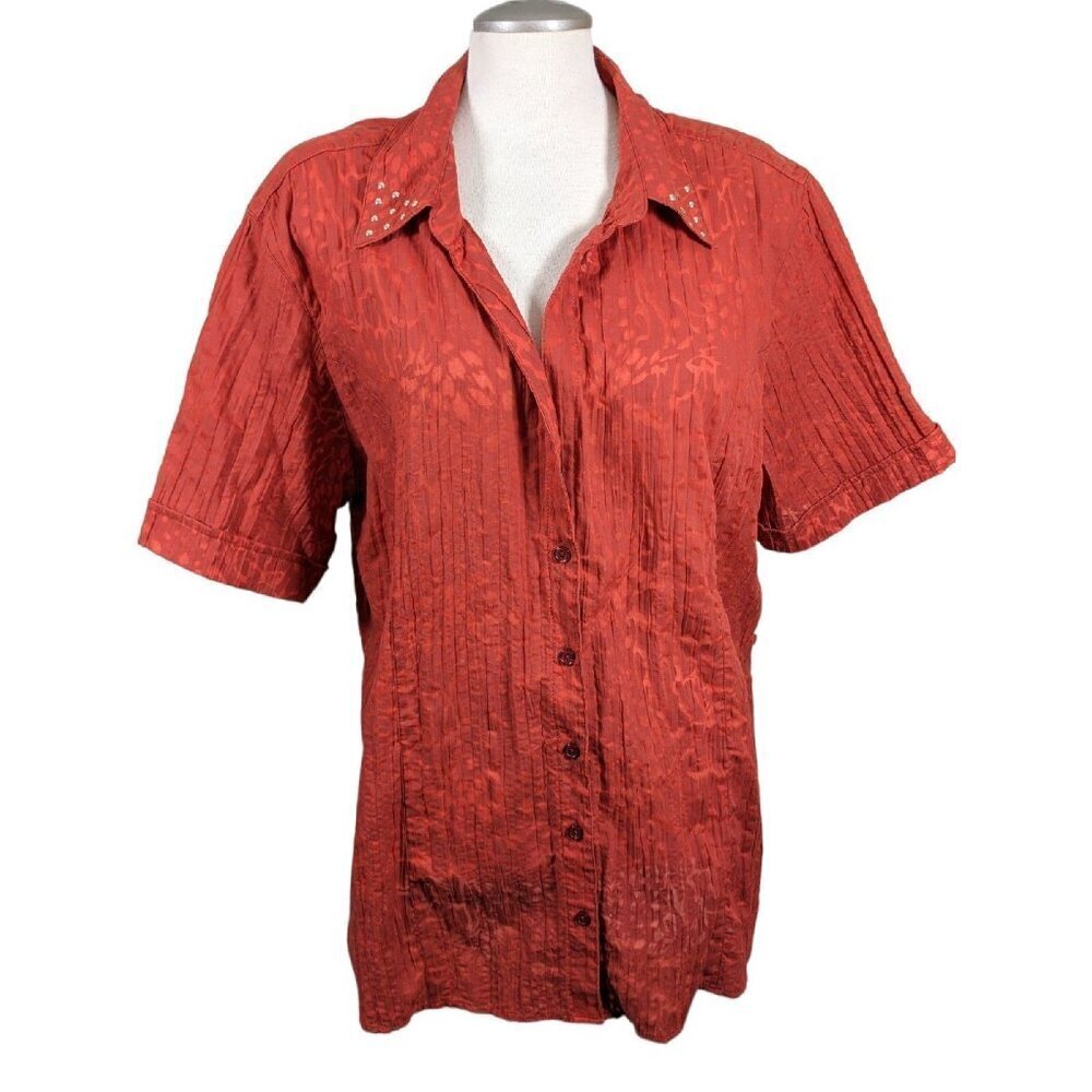 Brody Myles Blouse Womens Plus 3X Dark Cherry Red Merlot Burnout Sheer Button Up